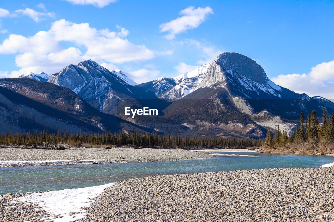 Scenic view of snowcapped mountains by lake against sky