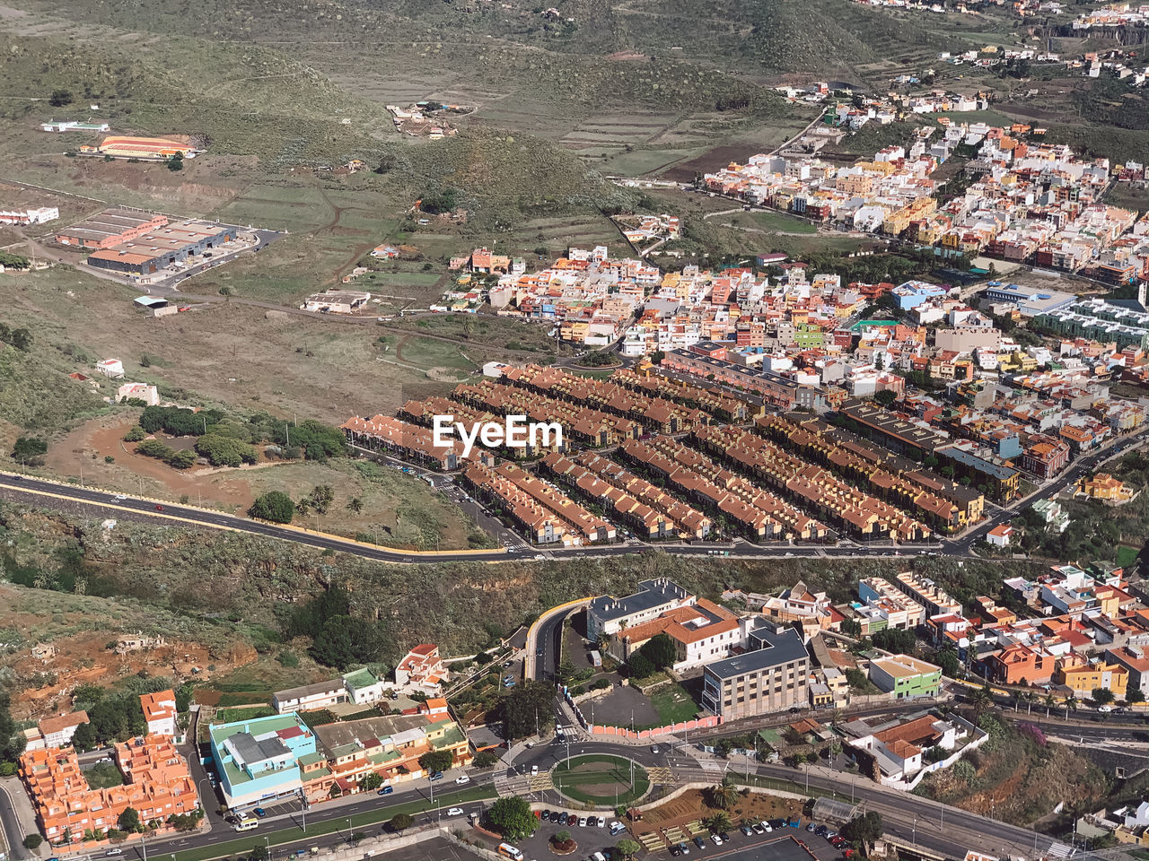 High angle view of townscape and buildings in city