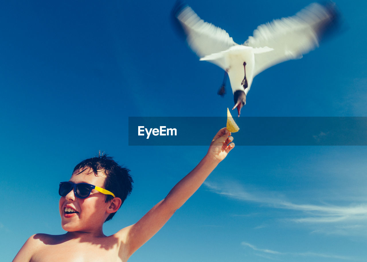 Low angle view of shirtless man feeding bird against blue sky