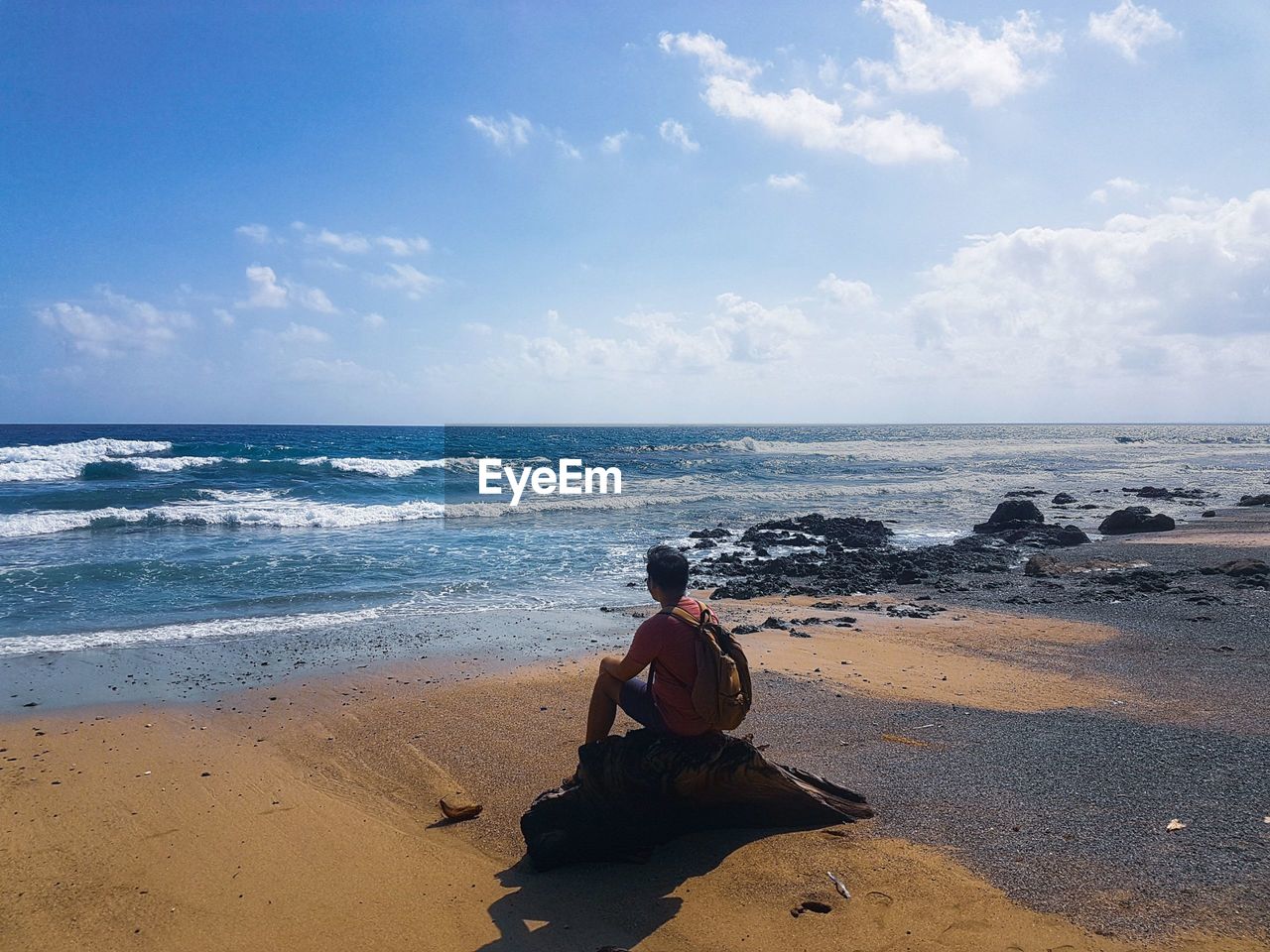 Rear view of man sitting on rock at beach against sky