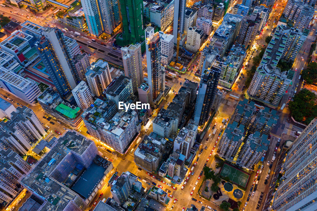 HIGH ANGLE VIEW OF CITY BUILDINGS DURING AUTUMN