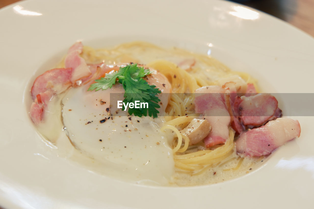 food and drink, food, carbonara, dish, freshness, healthy eating, plate, wellbeing, cuisine, indoors, close-up, meat, no people, italian food, pasta, serving size, meal, seafood, herb, restaurant, garnish, bowl, produce, asian food, table, vegetable, soup
