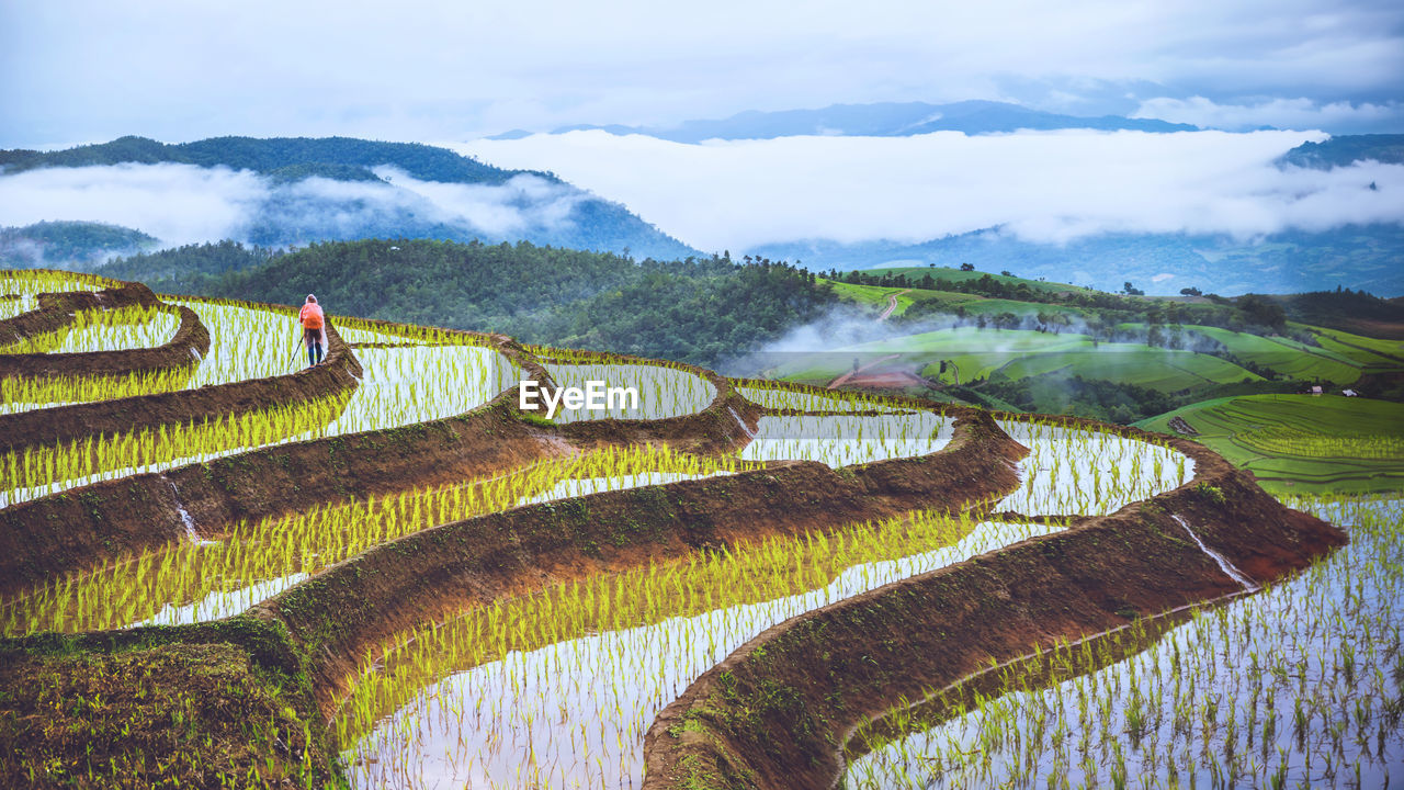 high angle view of agricultural field against sky