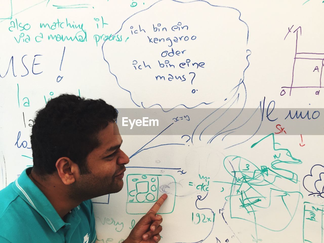 Close-up of confused man pointing at whiteboard
