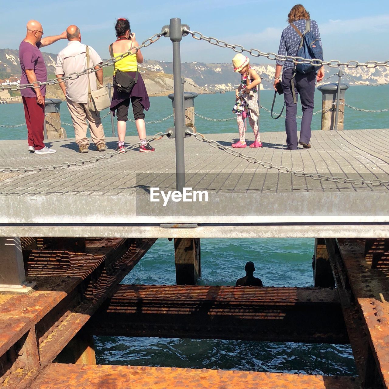 PEOPLE STANDING ON PIER AGAINST SEA