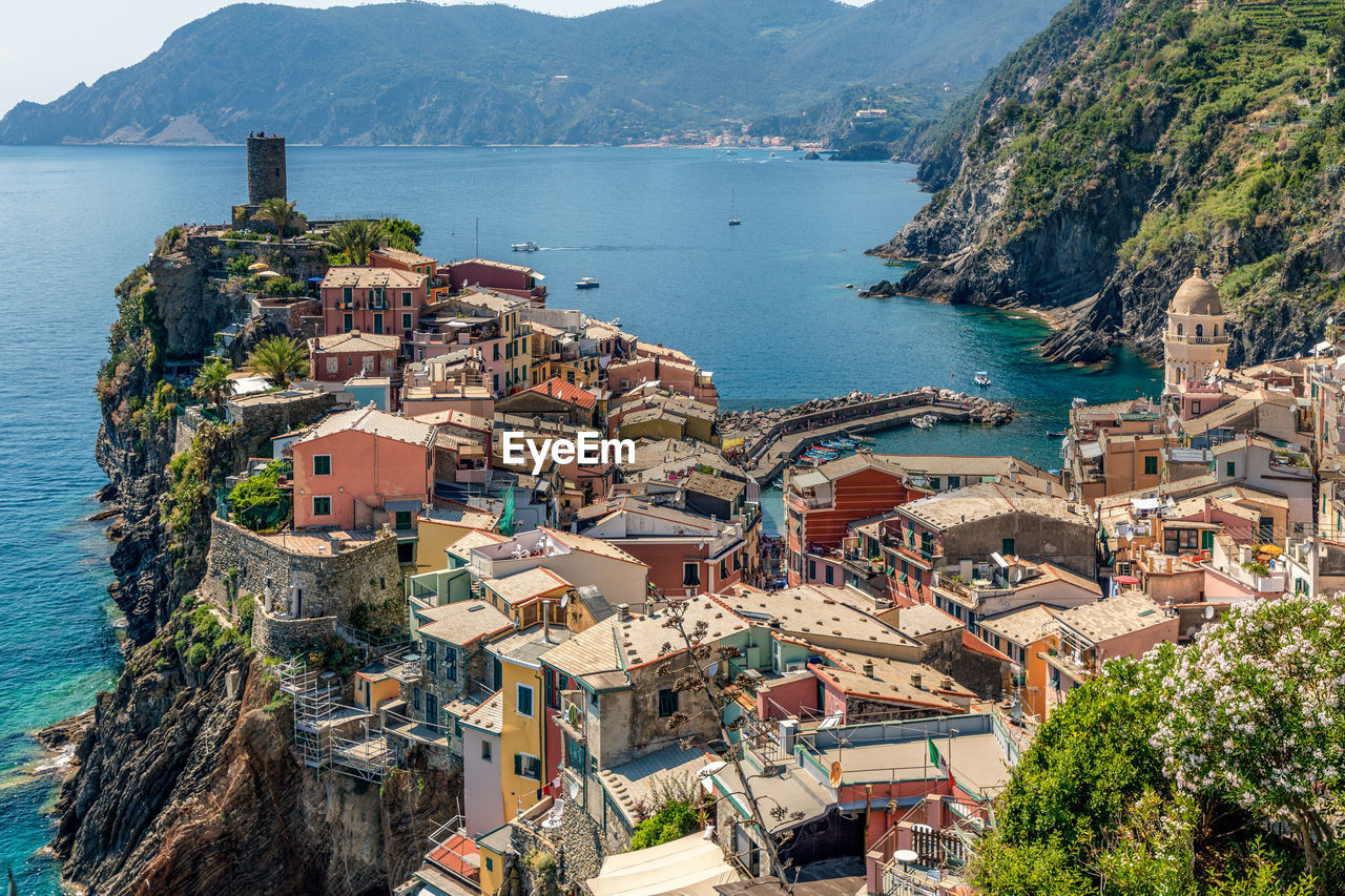 View of vernazza village  and sea bay of  cinque terre area,  liguria, italy,  june, 2019.