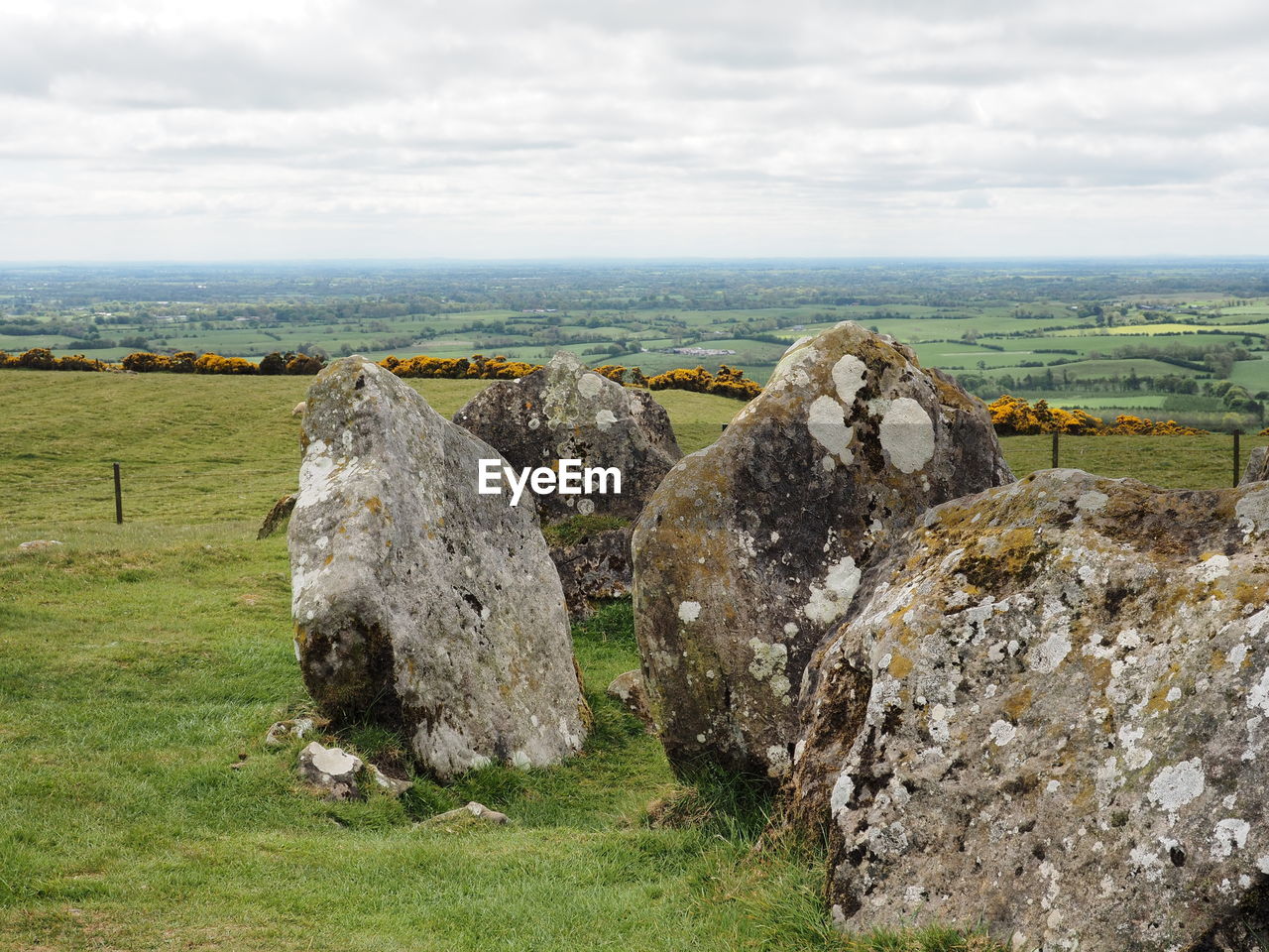 Hay bales on field against sky