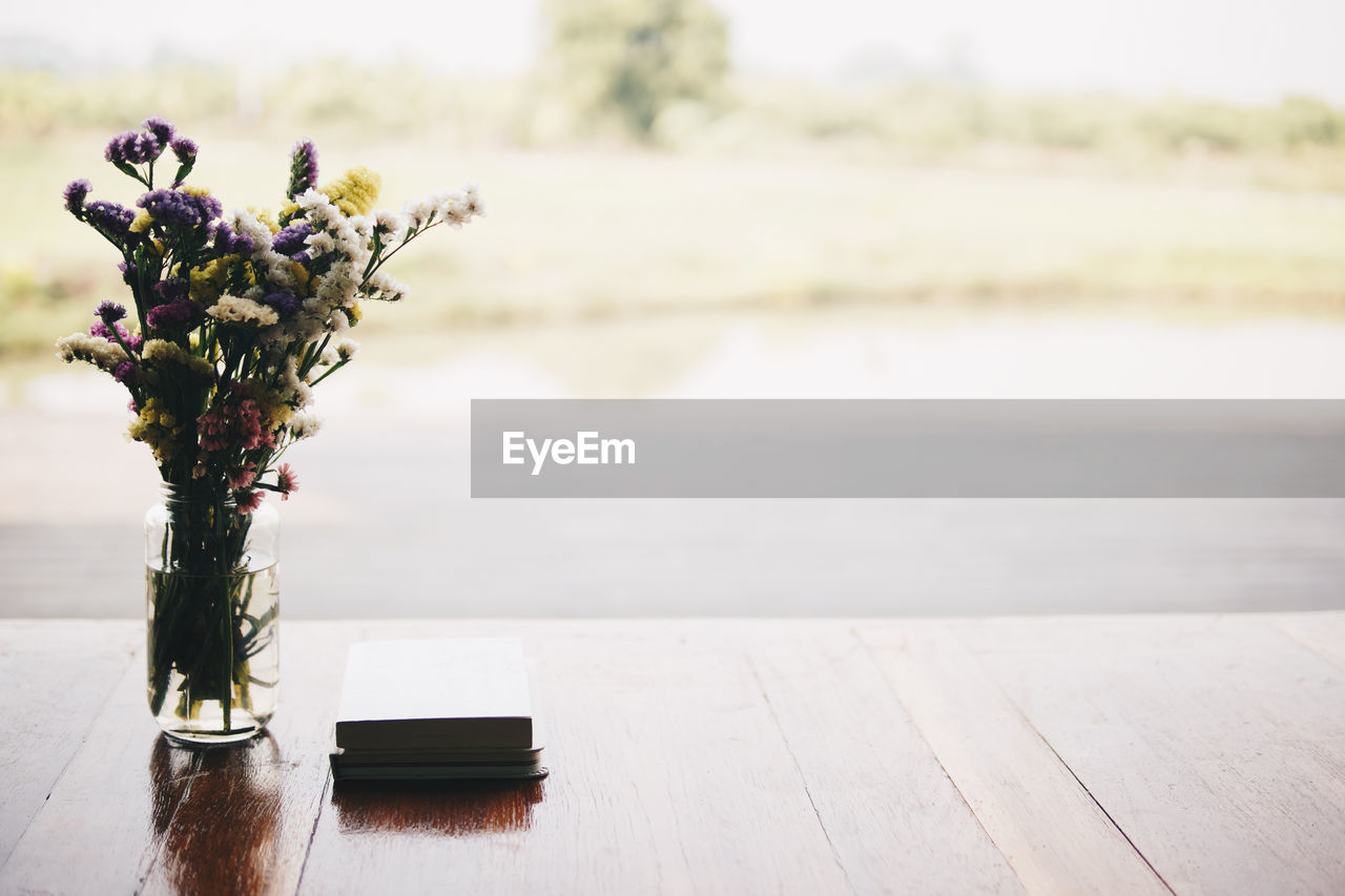 CLOSE-UP OF VASE ON TABLE AGAINST PLANTS