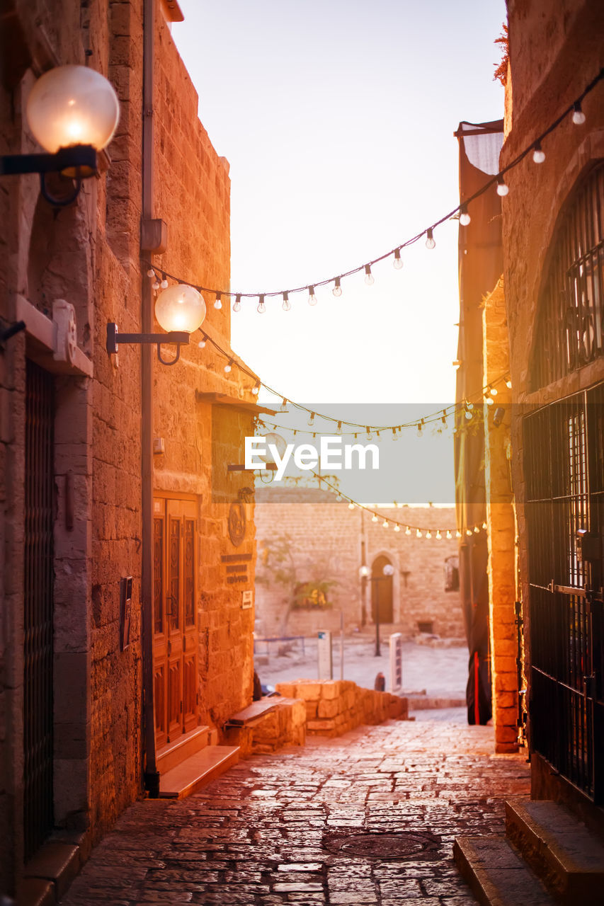 Old city jaffa near tel-aviv, israel, sunset light on old stone narrow street, selective focus