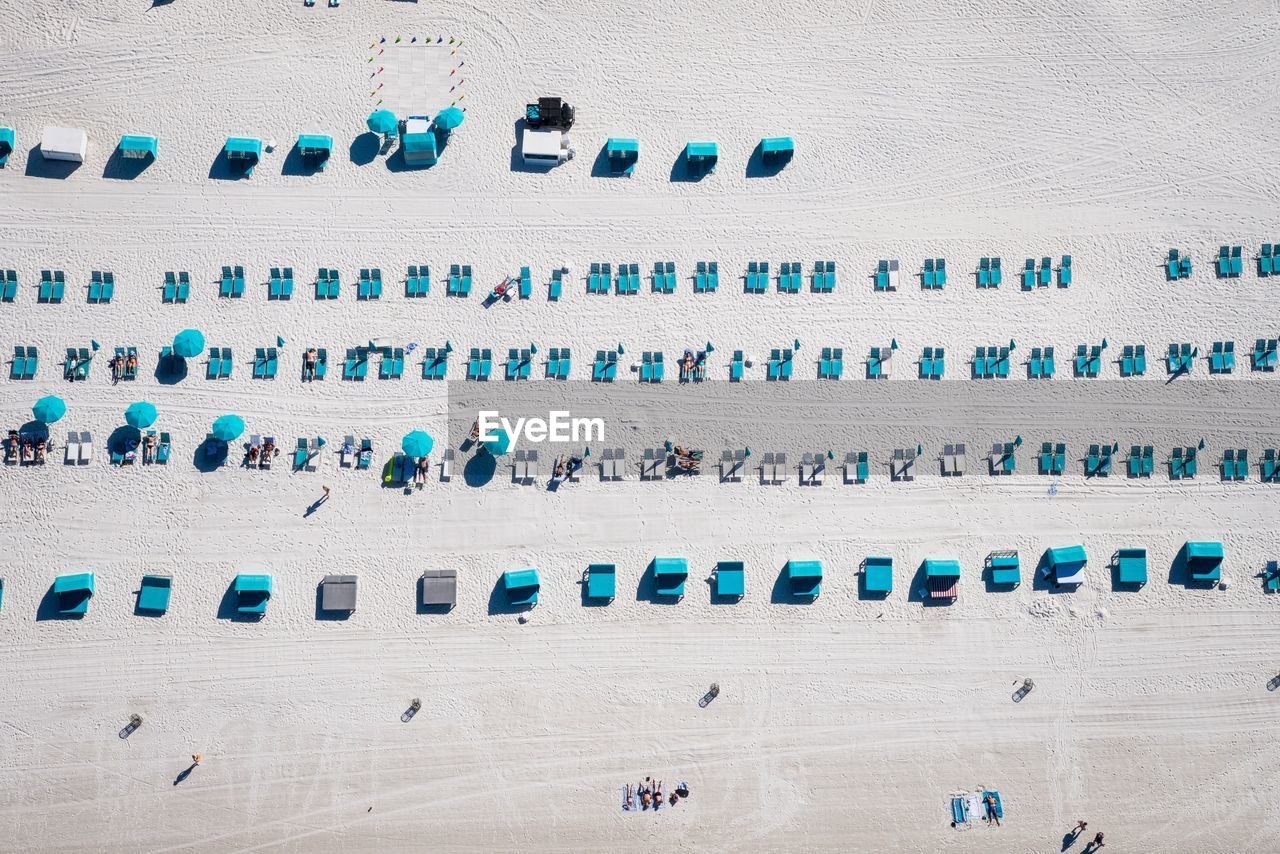 Aerial view of sun loungers on beach