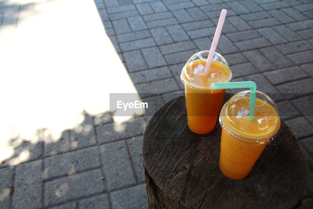 High angle view of drinks on table