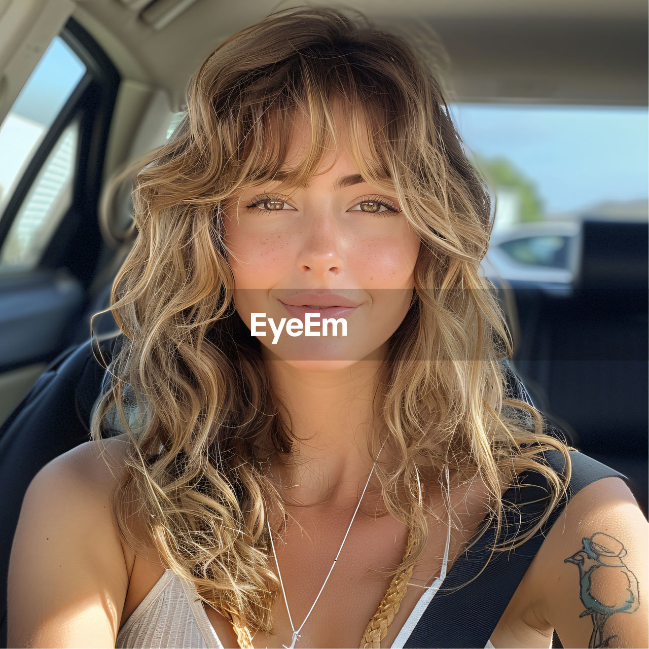 portrait of young woman sitting in car