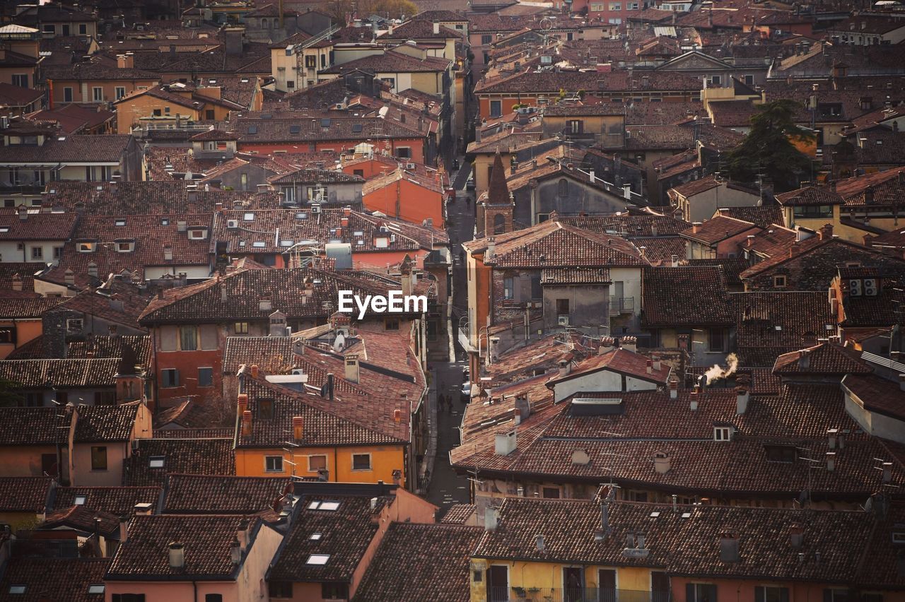 High angle view of houses in town