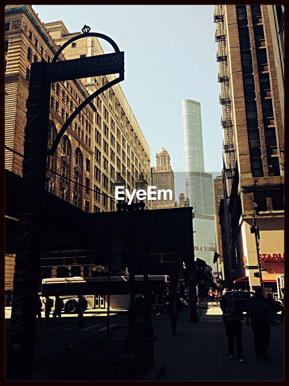 Street-level view of skyscrapers