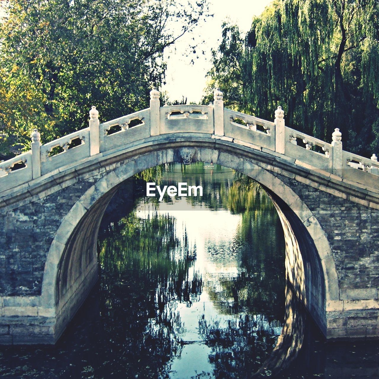 Arch bridge over lake amidst trees