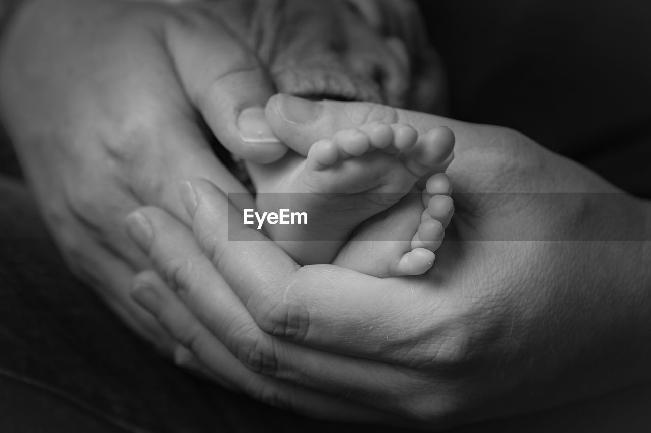 Cropped hands of woman holding baby feet