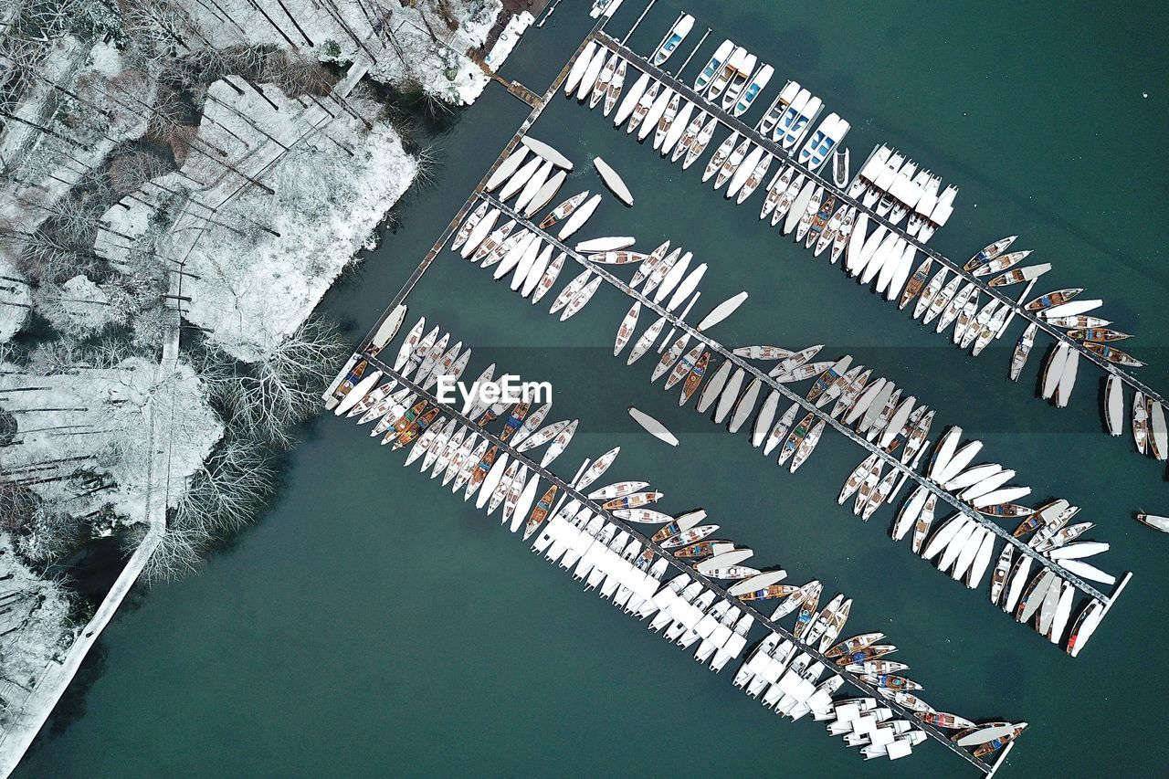 Directly above shot of boats moored at harbor