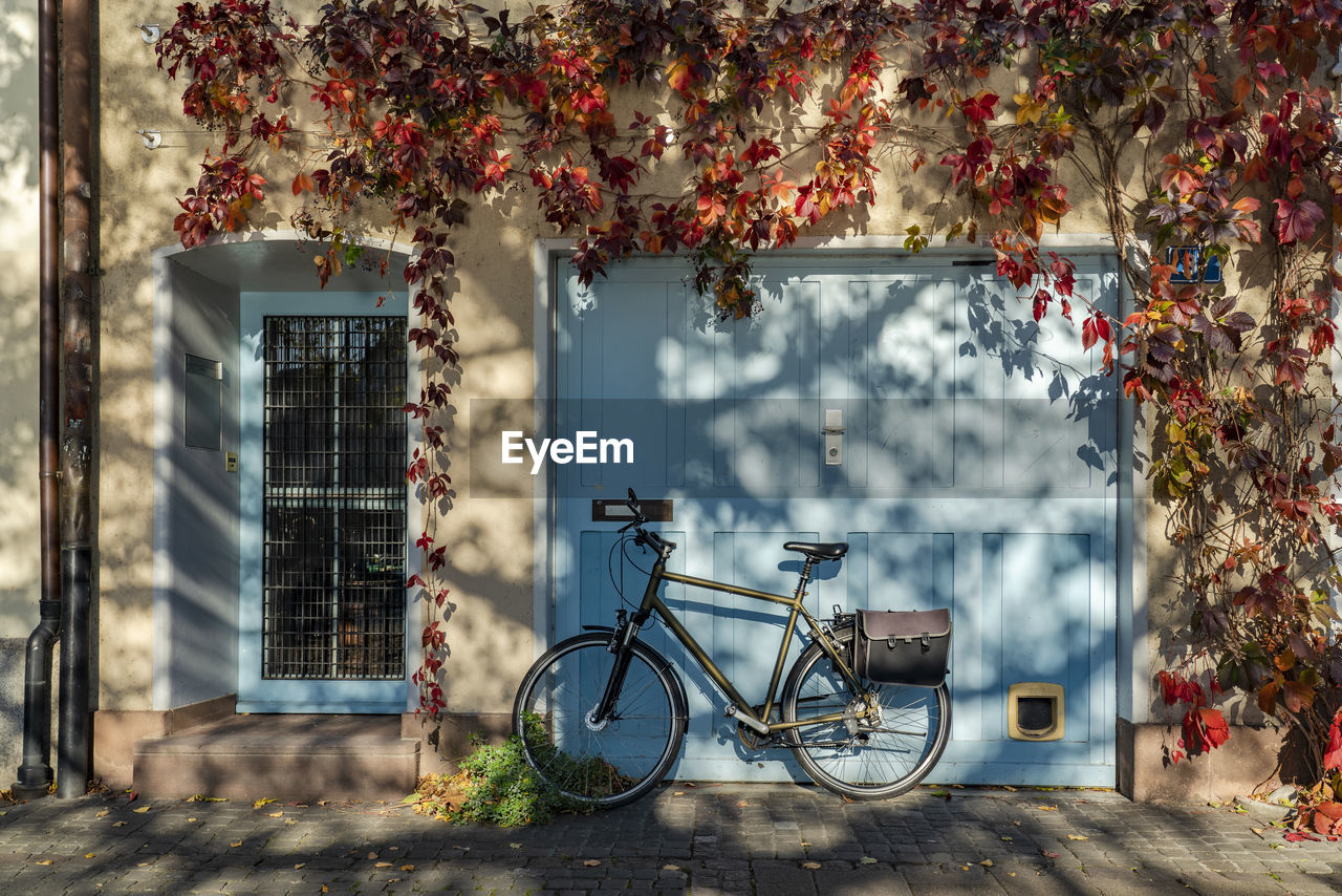 Switzerland, basel-stadt, basel, bicycle in front of house in autumn