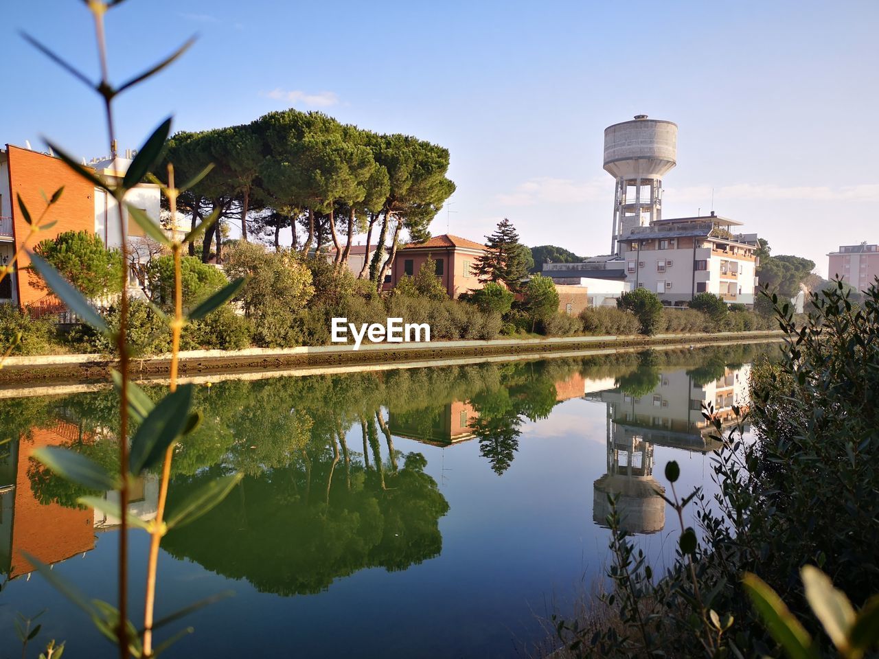 Reflection of trees and buildings in lake