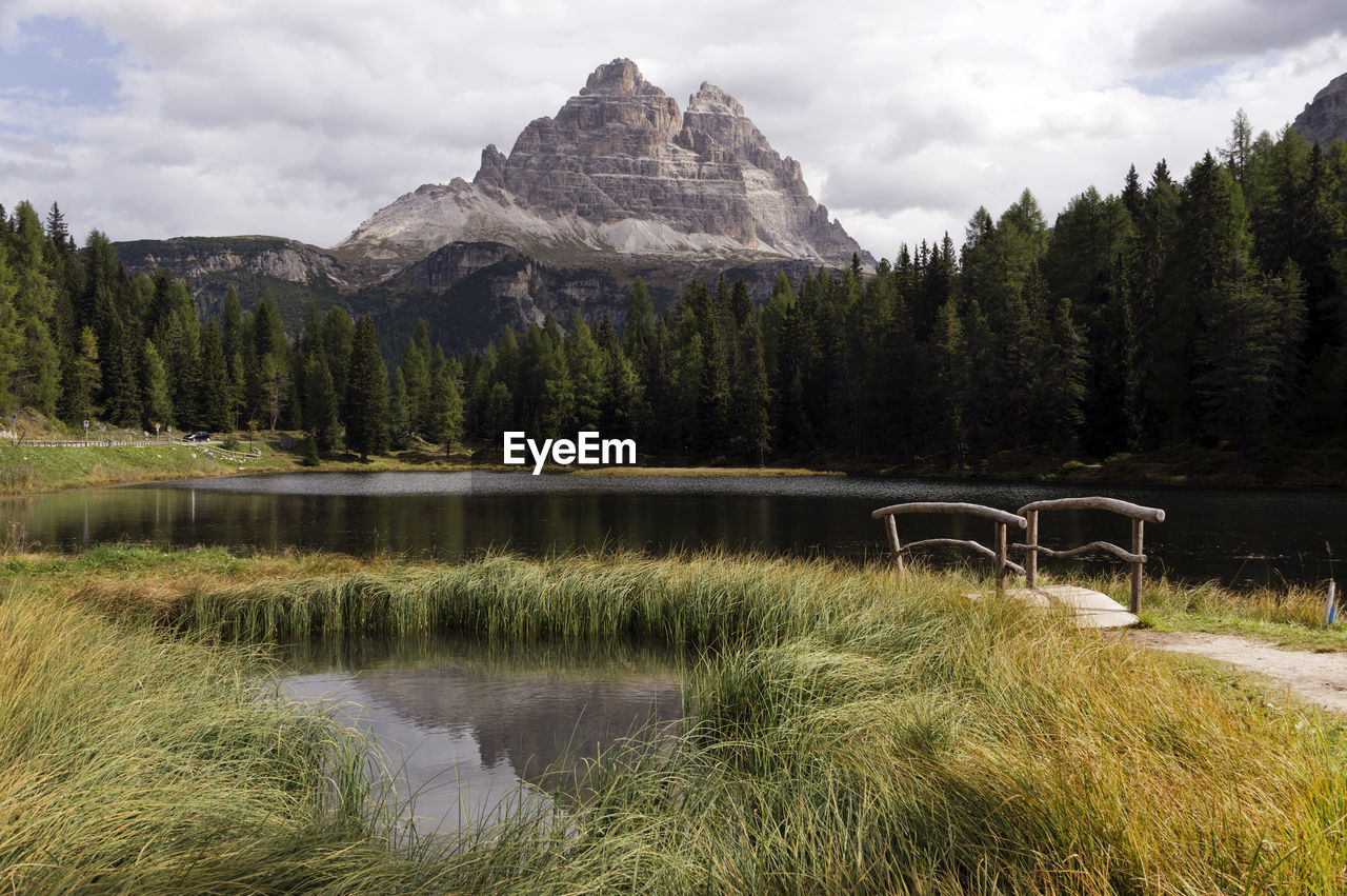 Scenic view of lake against cloudy sky