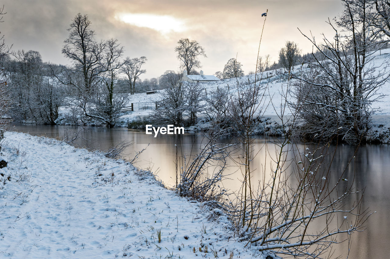 winter, tree, snow, cold temperature, plant, nature, frost, environment, freezing, sky, water, landscape, beauty in nature, scenics - nature, cloud, reflection, frozen, land, tranquility, forest, tranquil scene, pinaceae, coniferous tree, no people, pine tree, ice, pine woodland, lake, non-urban scene, morning, woodland, outdoors, branch, bare tree, travel destinations, travel, architecture, rural scene, white, polar climate, overcast, tourism, day, idyllic, mountain