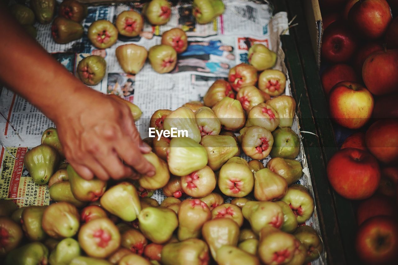 Cropped hand choosing water apples for sale at market