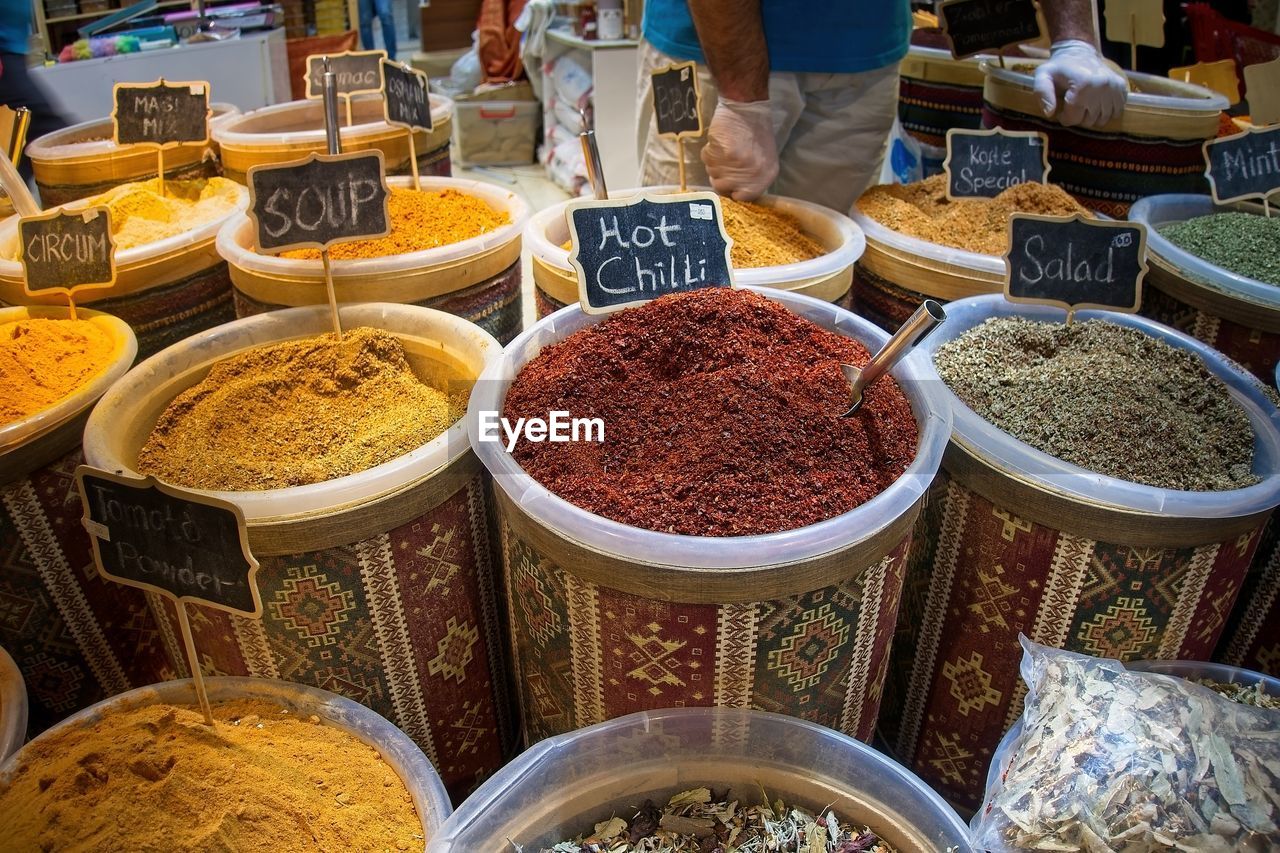 HIGH ANGLE VIEW OF VARIOUS DISPLAYED AT MARKET STALL