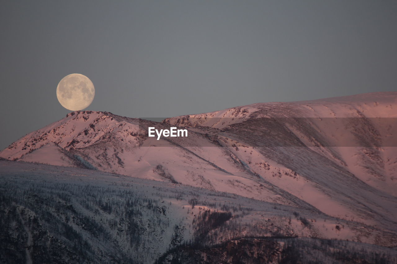 Scenic view of snowcapped mountains against clear sky