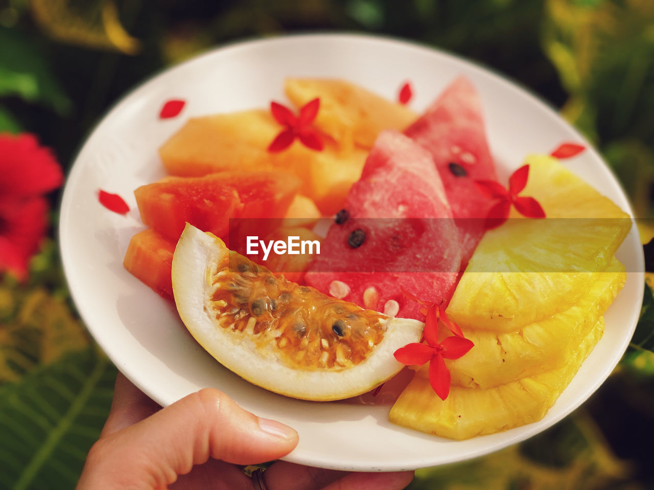 Fresh exotic fruits on plate 