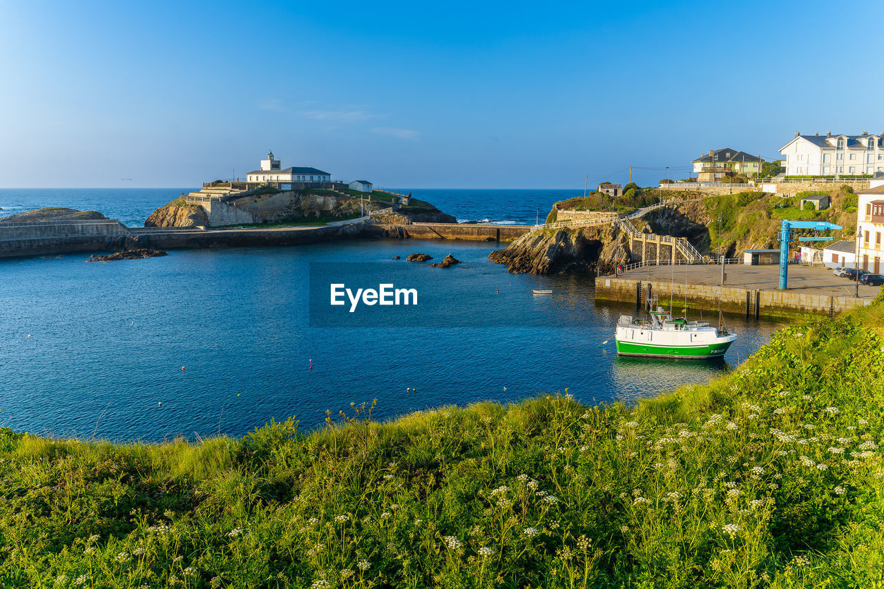 Scenic view of sea against clear blue sky