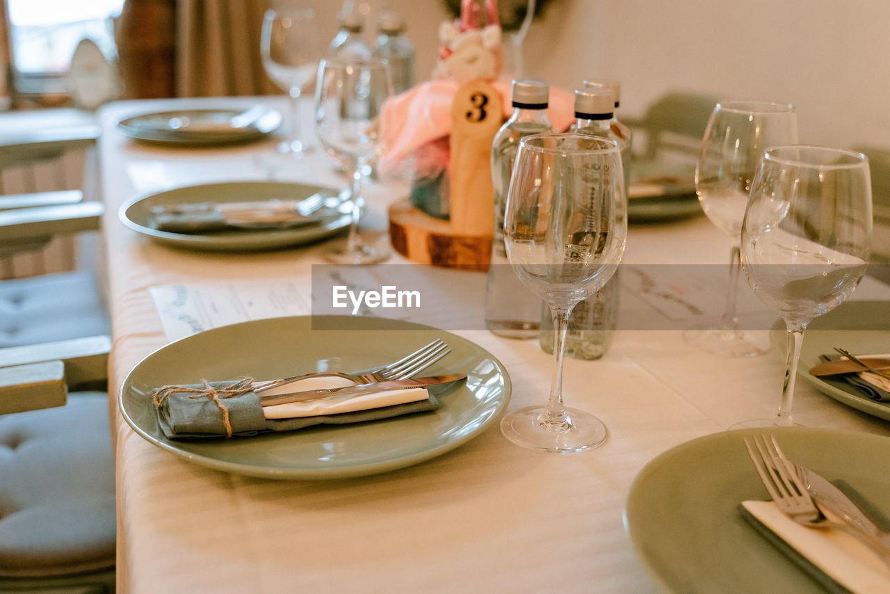 Cutlery on table in restaurant at wedding 