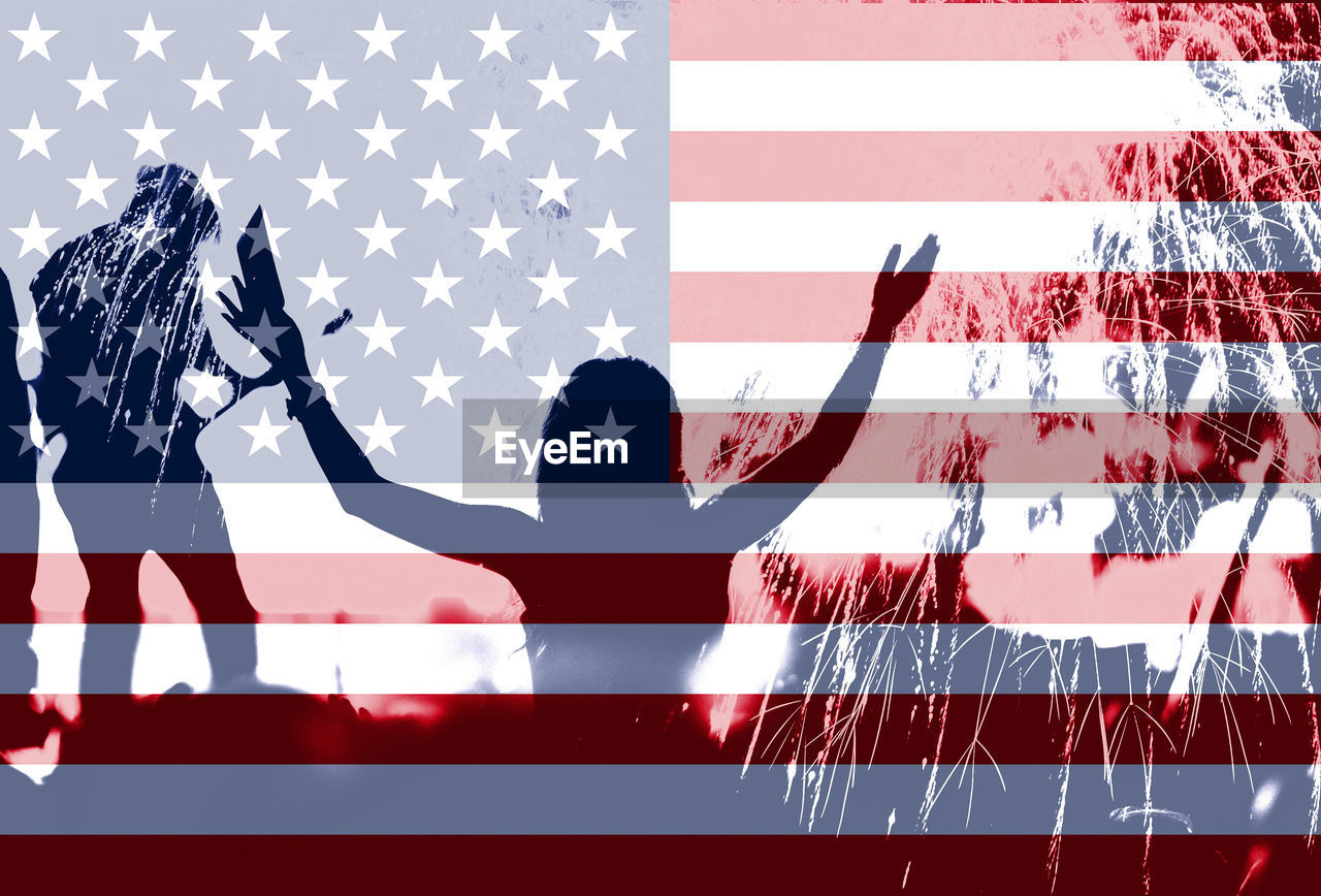 Digital composite image of people with arms outstretched standing at music concert with american flag