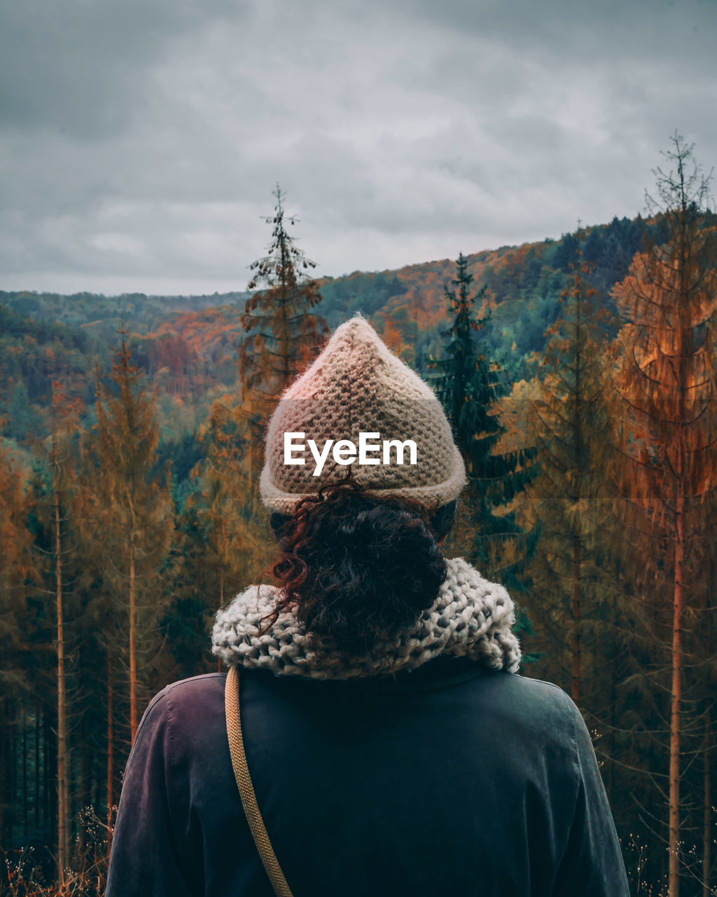 Rear view of woman wearing knit hat in forest against sky during autumn