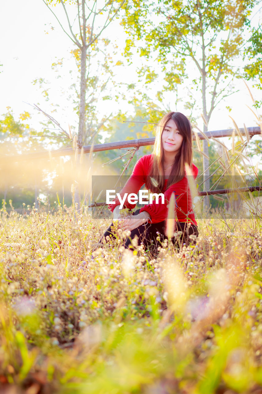 FULL LENGTH OF WOMAN SITTING ON FIELD BY TREES