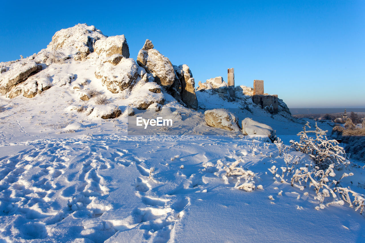 SNOW COVERED LANDSCAPE AGAINST CLEAR BLUE SKY