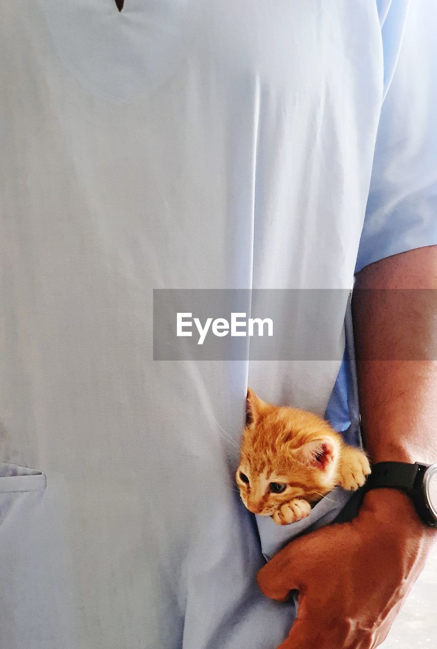 Midsection of man with cat