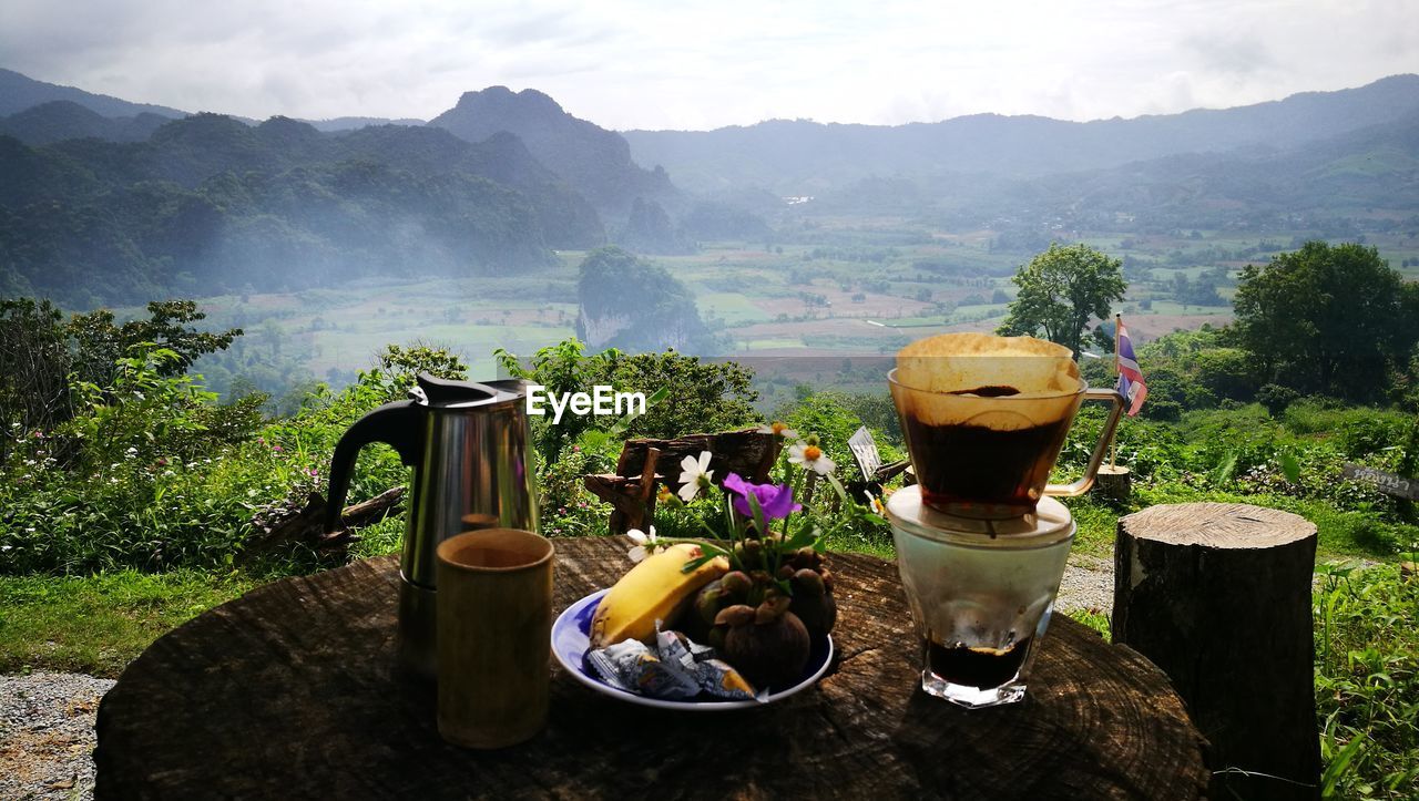 View of drink on landscape against mountain range