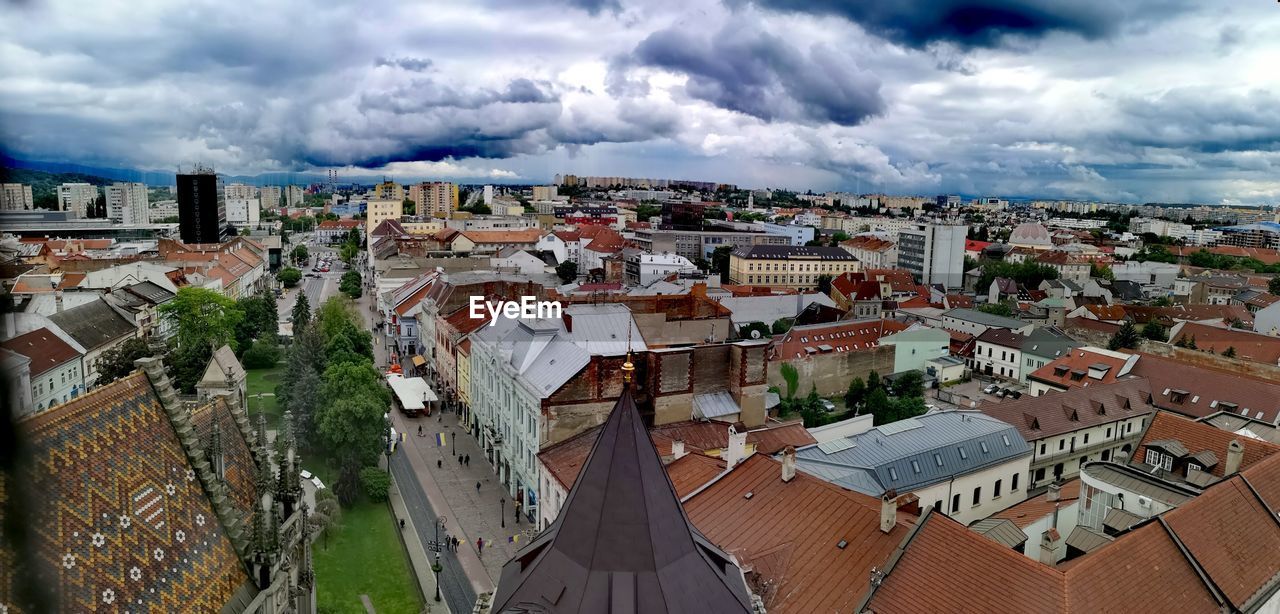 High angle shot of townscape against sky