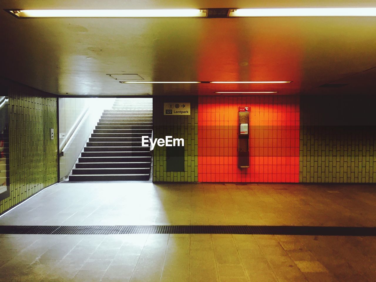 View of stairs in empty subway