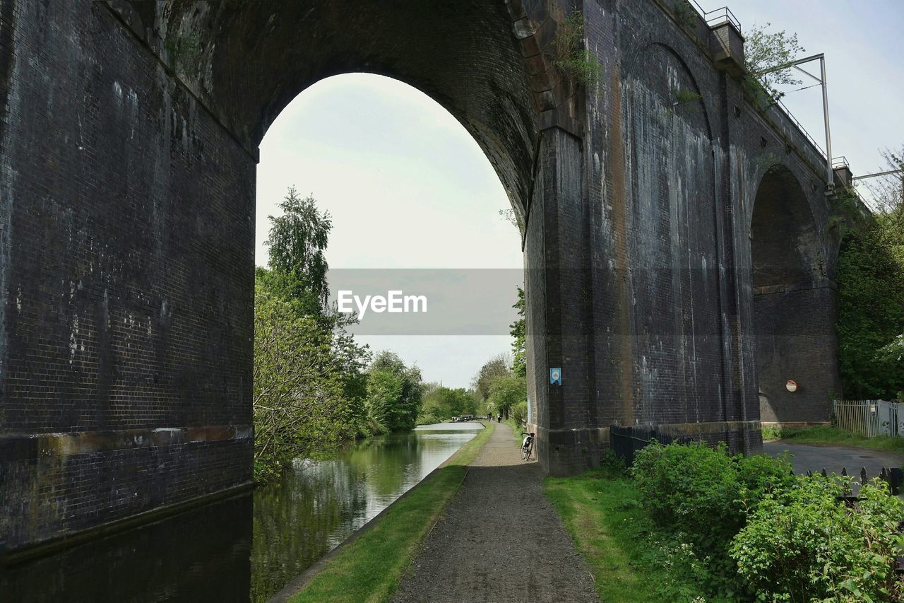 Arch bridge over canal against sky