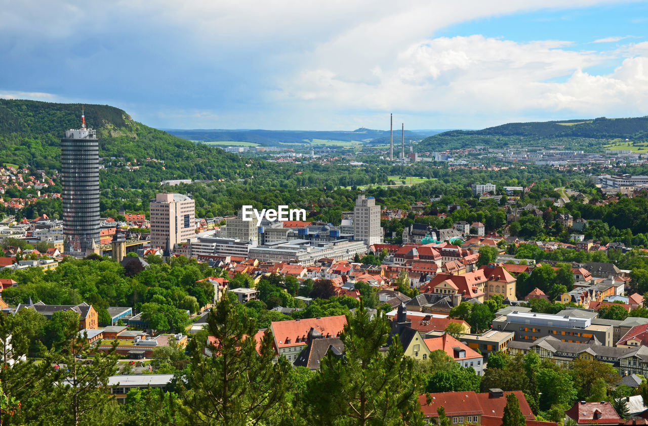 High angle view of cityscape against sky