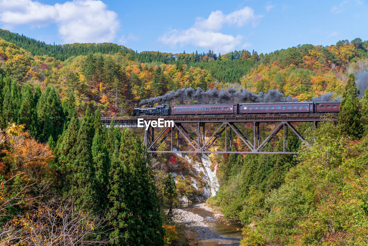 Steam train on railway bridge over river against sky