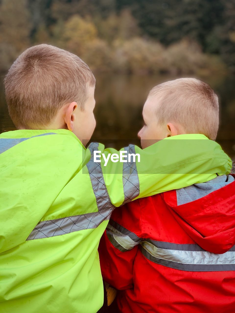 Rear view of siblings with arm around