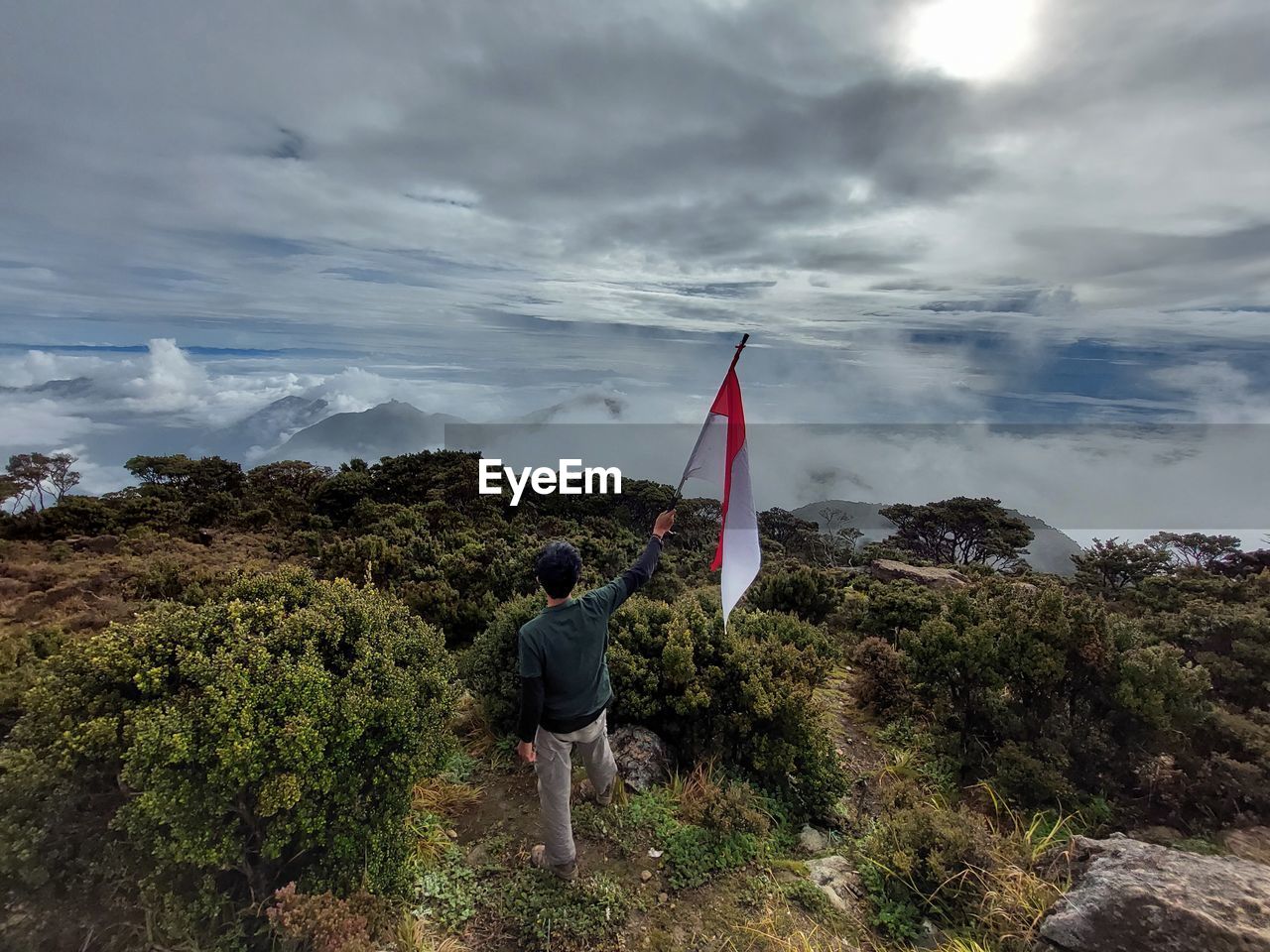 Rear view of man standing by flag against sky
