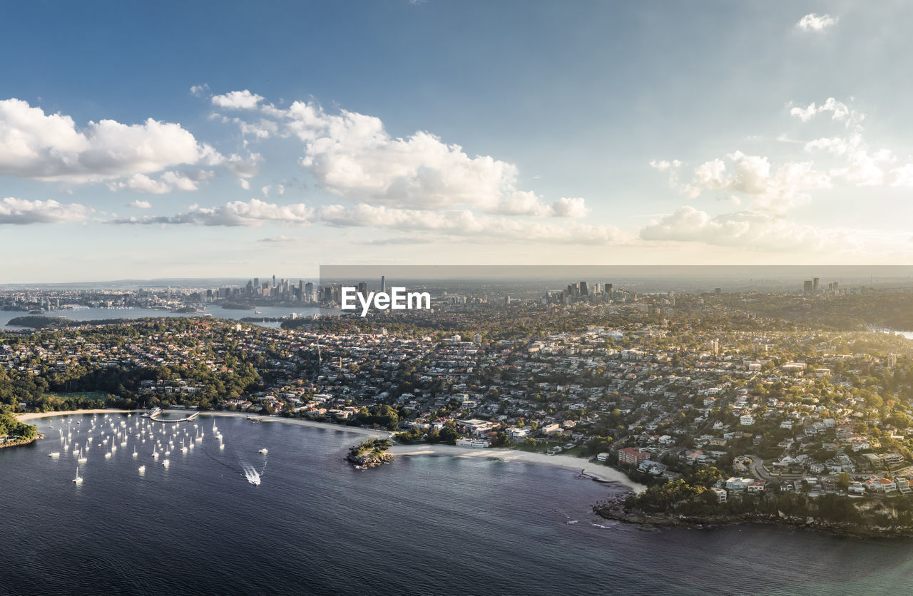 Aerial drone view of balmoral beach and edwards beach in the suburb of mosman, part of sydney.