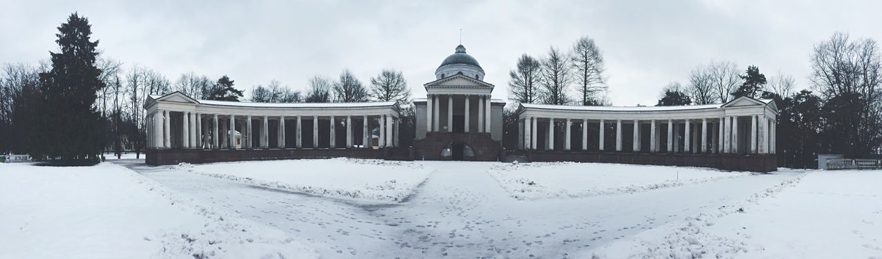 Panoramic view of snow covered arkhangelskoye estate