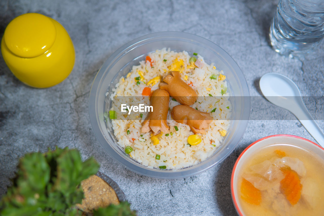 High angle view of food served on table