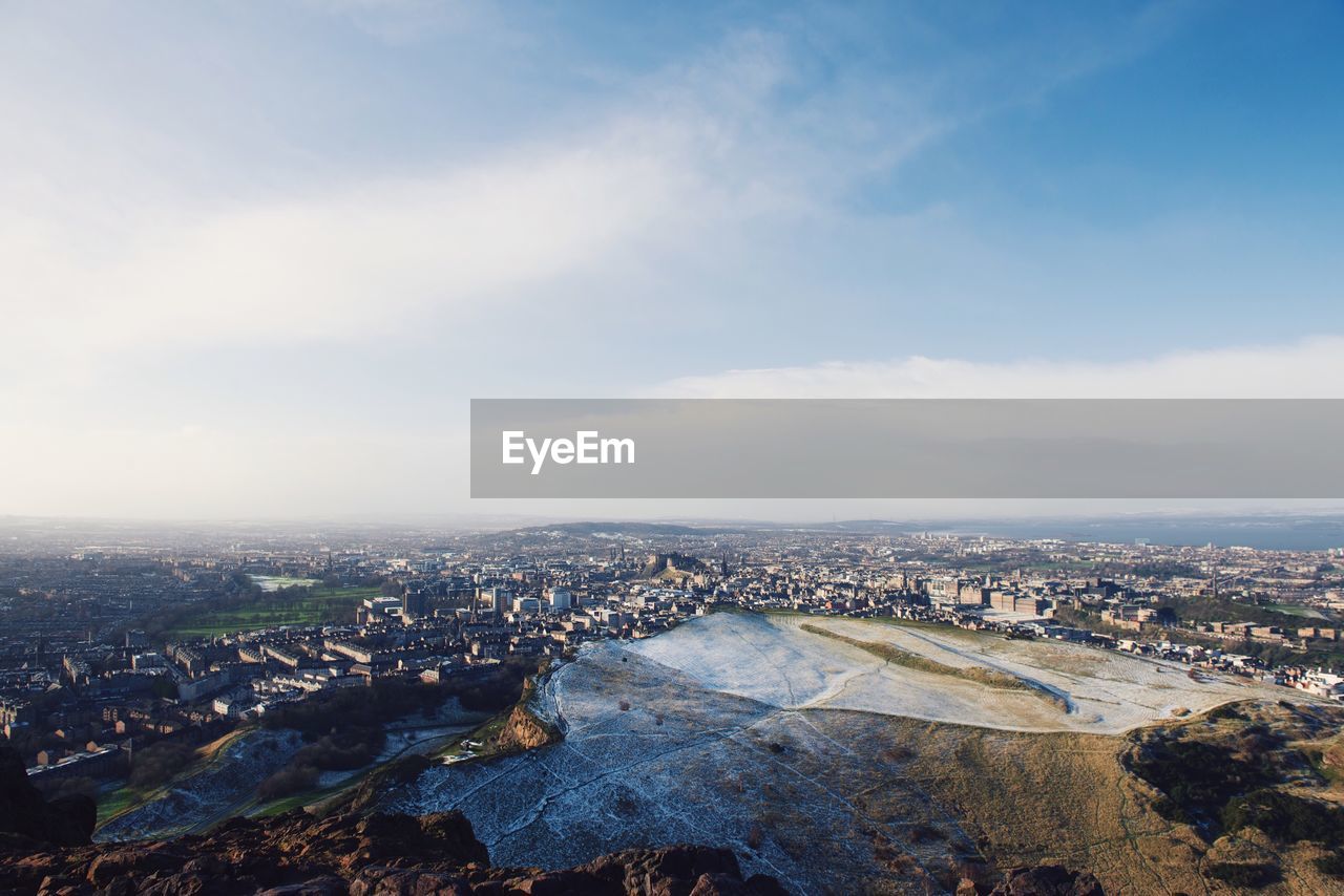 AERIAL VIEW OF CITYSCAPE AGAINST CLOUDY SKY