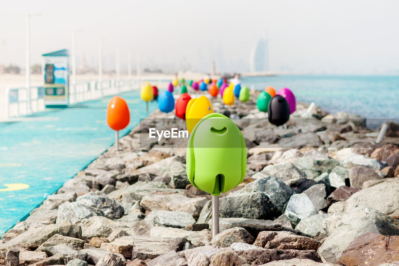 Beautiful promenade, colorful chairs for relaxing kite beach in dubai