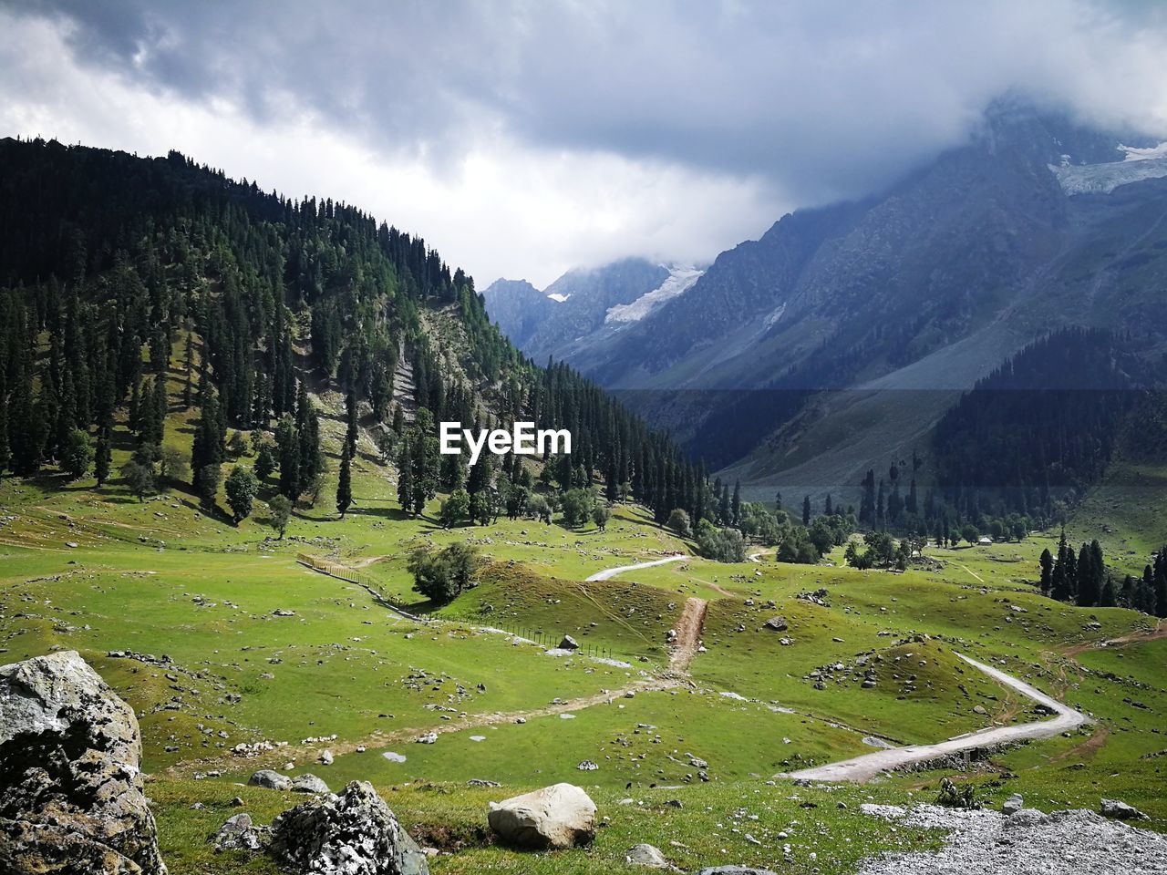 Scenic view of landscape and mountains against sky